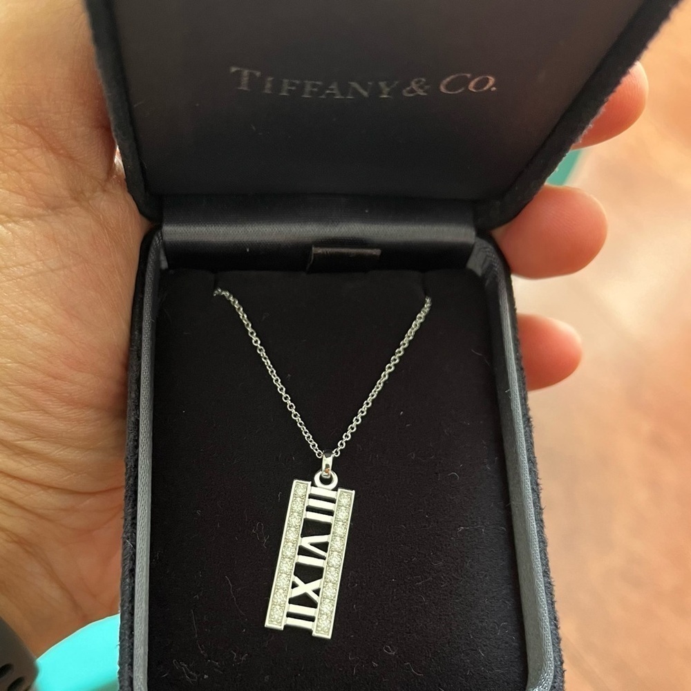 Tiffany & Co. Necklace Diamond 18K White Gold Atlas Pendant W/Tiffany Box & Bag - Picture 3 of 6